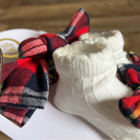 Nwt Little Me Set Plaid Red Blue Head wrap & Booties 0 - 12 Months Baby Girl - Picture 5 of 5